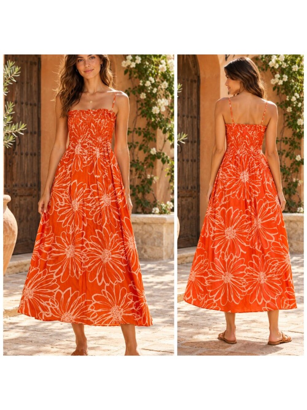 Faithful the Brand Abbas Midi Dress XS Orange La Sirena Floral Smocked Cotton
